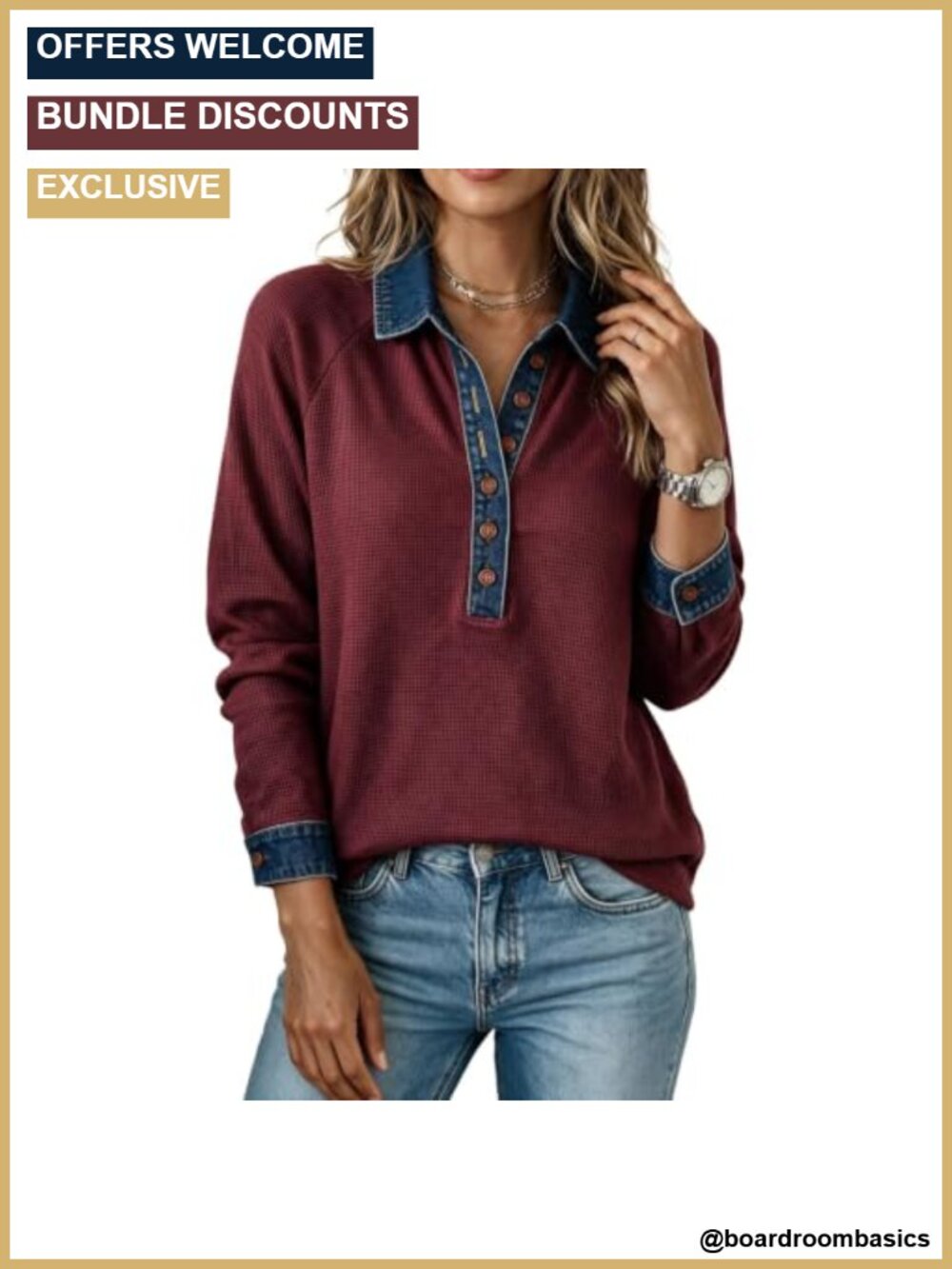 Womens Denim Patchwork Sweatshirt Long Sleeve Mock Neck Button Pullover